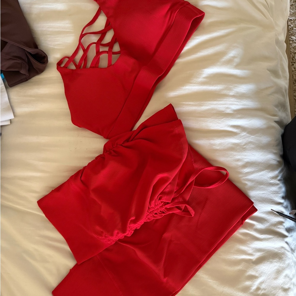 Til You Collapse Red Scrunch Legging, Shorts, and Sports Bra Set